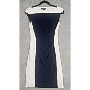 Lauren Ralph Lauren VTG Dress Size 2P Navy White Ruched Stretch Evening Womens